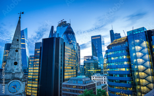 Aerial view of skyscrapers of the world famous bank district of central London after dusk