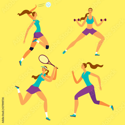 Woman doing sport exersises in different kinds of sport  volleyball  tennis  fitness  run.