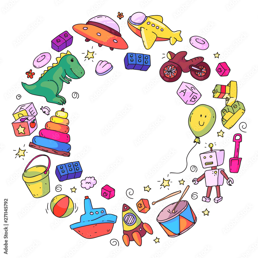 Vector pattern with kindergarten, toy children. Happy children illustration.