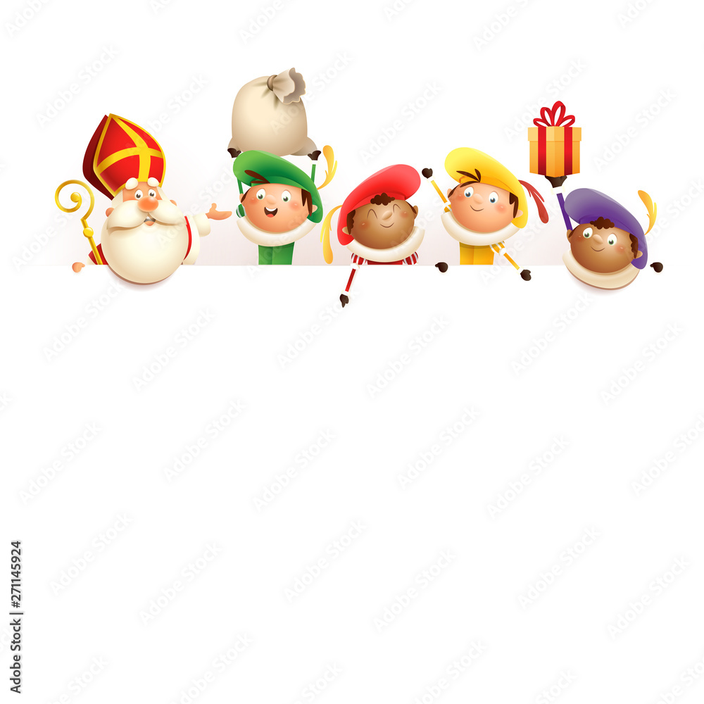 Saint Nicholas and helpers on board - happy cute characters celebrate Dutch holidays - vector illustration isolated on white