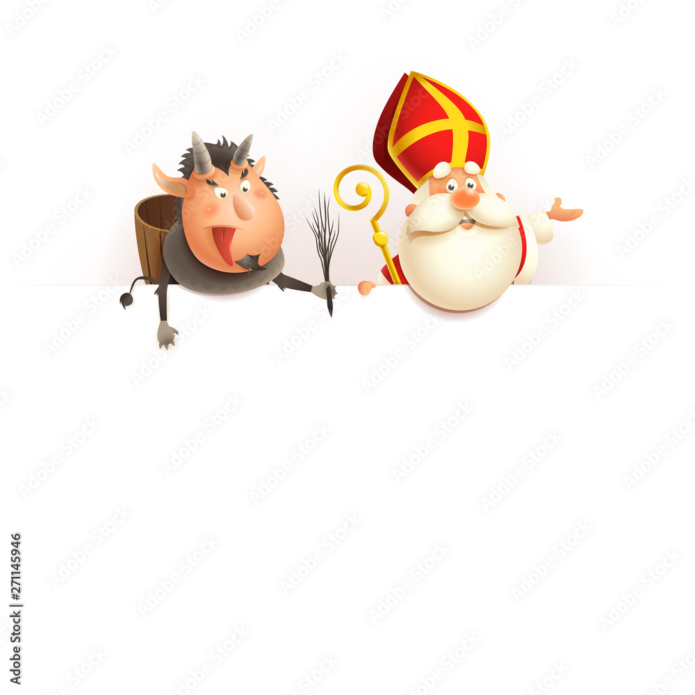 Saint Nicholas and Krampus on board - happy cute characters celebrate