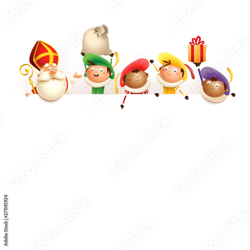 Saint Nicholas and helpers on board - happy cute characters celebrate Dutch holidays - vector illustration isolated on white