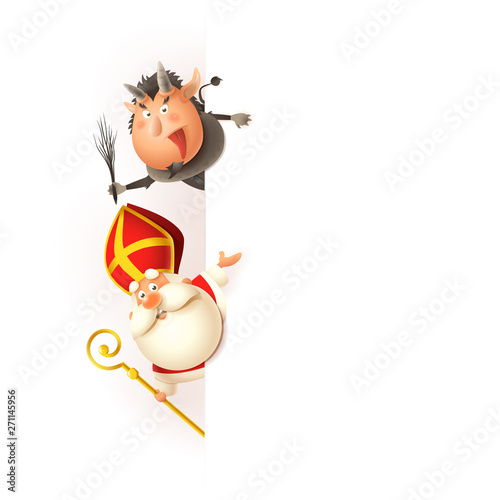Saint Nicholas and Krampus on left side of board - Central European traditional characters - vector illustration isolated on white