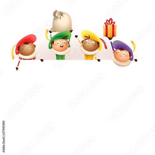 Saint Nicholas helpers Zwarte Piets on board - happy cute characters celebrate Dutch holiday - vector illustration isolated on white