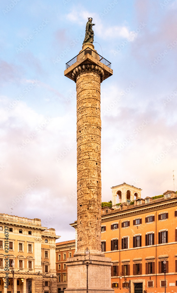 Marble column of Marcus Aurelius with spiral relief on Piazza Colonna, Rome, Italy