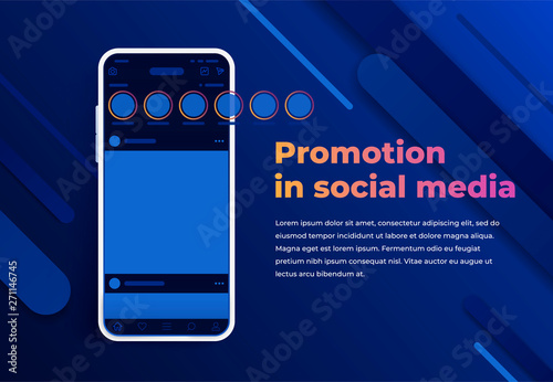 Promotion in social media. Stories in social networks. Modern cellphone with app screen mockup. Smartphone with interface carousel post on social network. Abstract colorful memphis background
