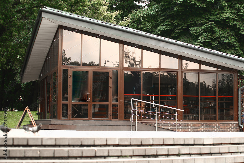 panoramic photo.close up. cafe building in the city Park