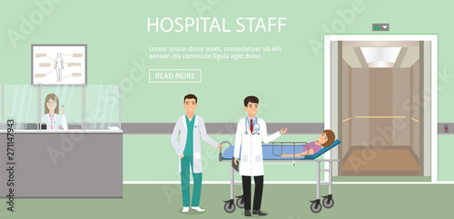 Medicine situation with patient on medical couch with two doctors in hospital reception with place for text.