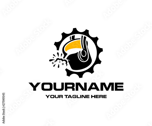 Metallurgy and foundry, iron molten metal pouring in gear, logo design. Heavy industry and engineering, industrial, vector design and illustration