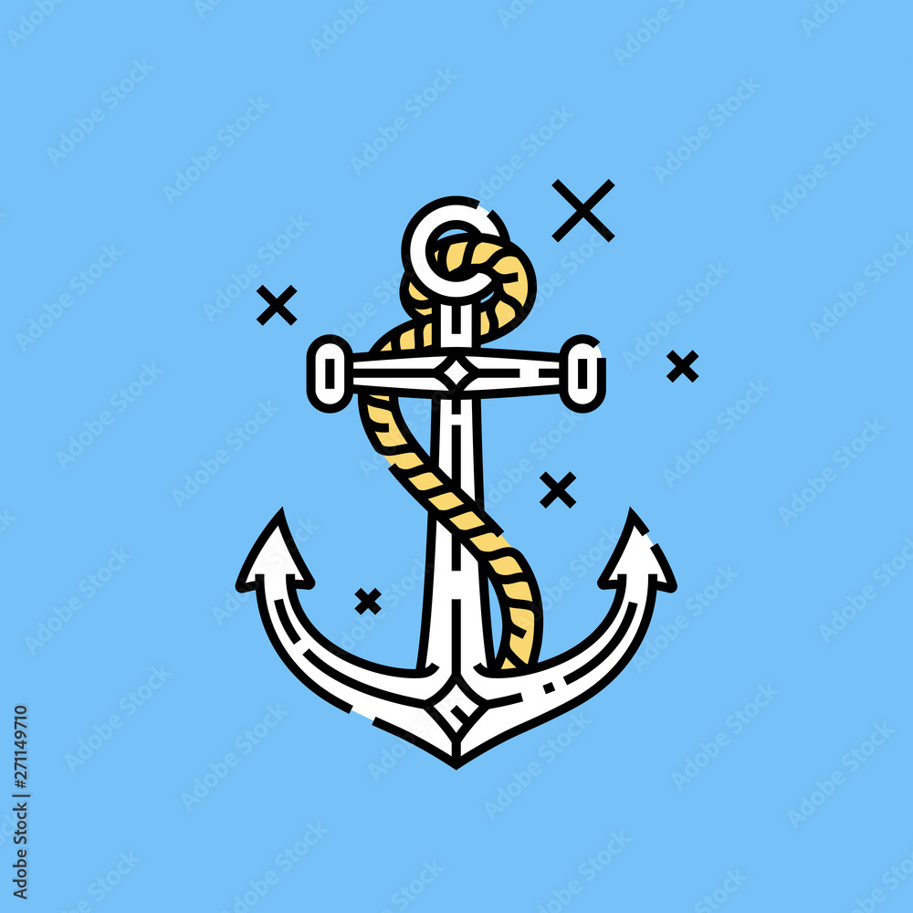 Vintage ship anchor line icon. Old sailor anchor with rope graphic