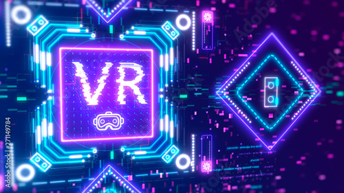 VR symbol on neon digital background. Virtual reality technology sign