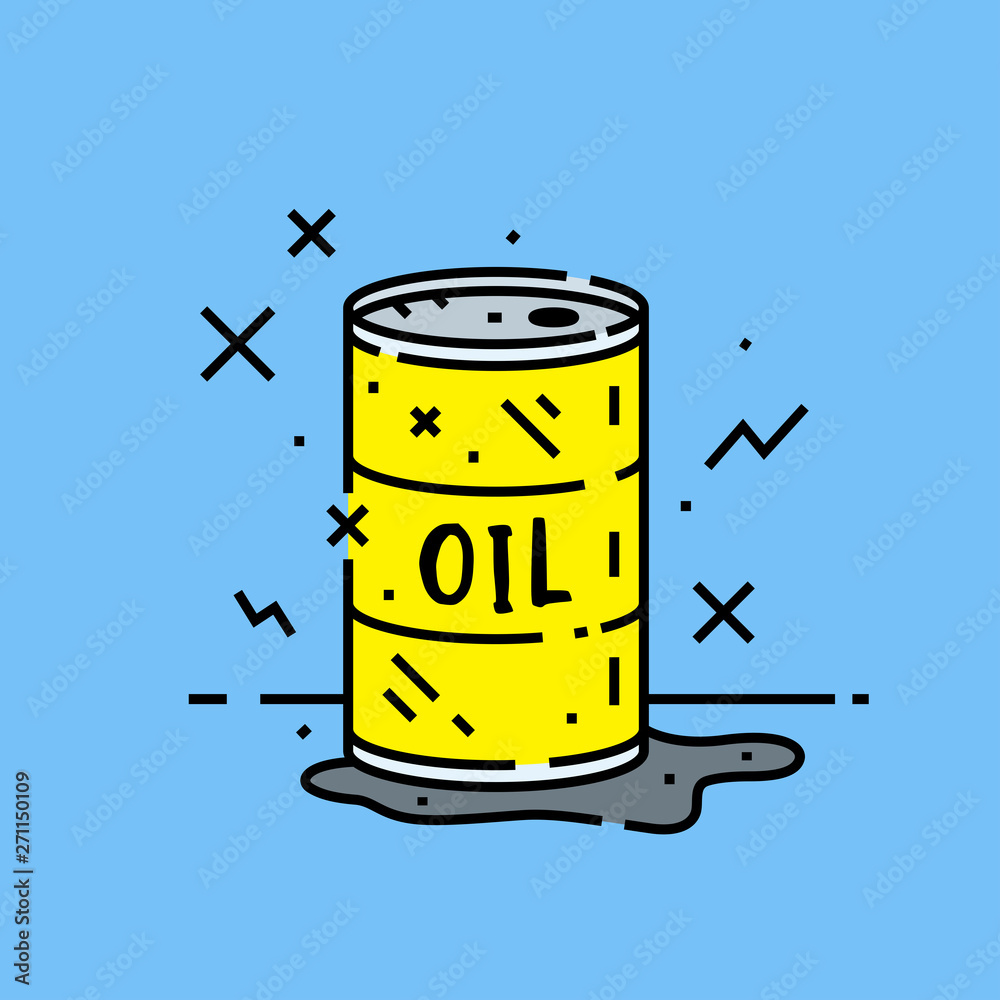 Oil barrel spill icon. Cartoon petroleum pollution leak from yellow metal  drum symbol isolated on blue background. Vector illustration. Stock Vector  | Adobe Stock