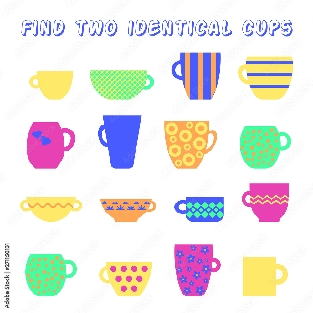 Find identical cups of tea. Kids educational game. Empty game for little children.