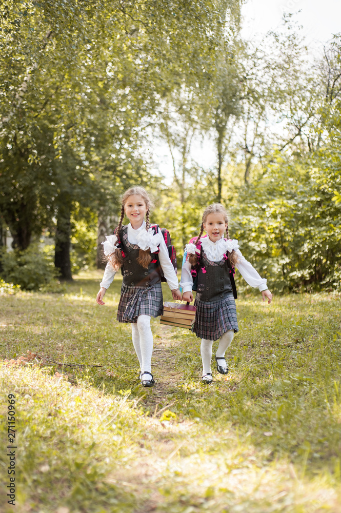 Two schoolgirls carry a stack of books along the path in the park.