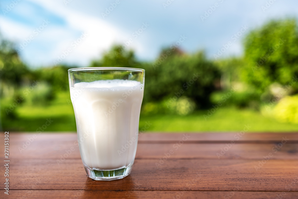 A glass of milk on the background of the summer garden on a wooden table. A glass of milk on the background of the summer garden on a wooden table.
