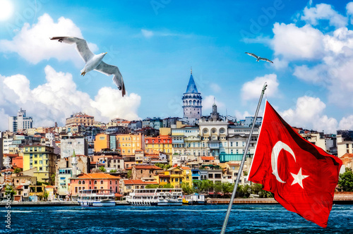 Canvas Print Landscape of Istanbul - city skyline of the old town near Galata bridge and a quayside of Beyoglu district