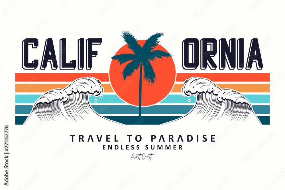 California slogan for t-shirt typography with waves, palm trees and sun. Tee shirt design, trendy apparel print. Vector illustration. - obrazy, fototapety, plakaty 