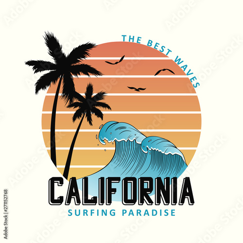 California slogan for t-shirt typography with waves and palm trees. Surf tee shirt design, surfing apparel print. Vector illustration.