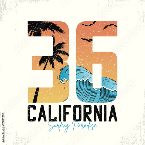 California slogan for surfing t-shirt typography with waves and palm trees. Surf number tee shirt with grunge. Vector illustration.