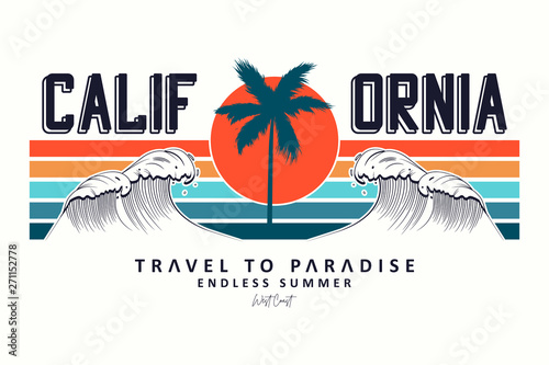 California slogan for t-shirt typography with waves, palm trees and sun. Tee shirt design, trendy apparel print. Vector illustration.