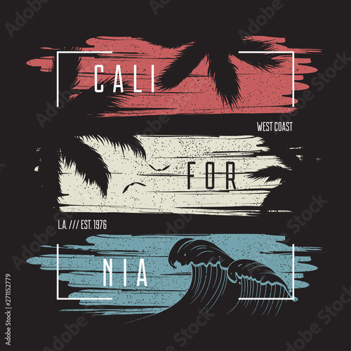 California t-shirt typography with color grunge background, wave and palm trees silhouettes. Trendy apparel design. Vector illustration.