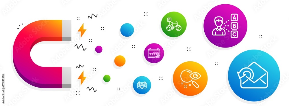 Magnet attracting. Search, Laureate medal and Bicycle parking icons simple set. Opinion, Calendar graph and Send mail signs. Find document, Laurel wreath. Business set. Line search icon. Vector Magnet attracting. Search, Laureate medal and Bicycle parking icons simple set. Opinion, Calendar graph and Send mail signs. Find document, Laurel wreath. Business set. Line search icon. Vector