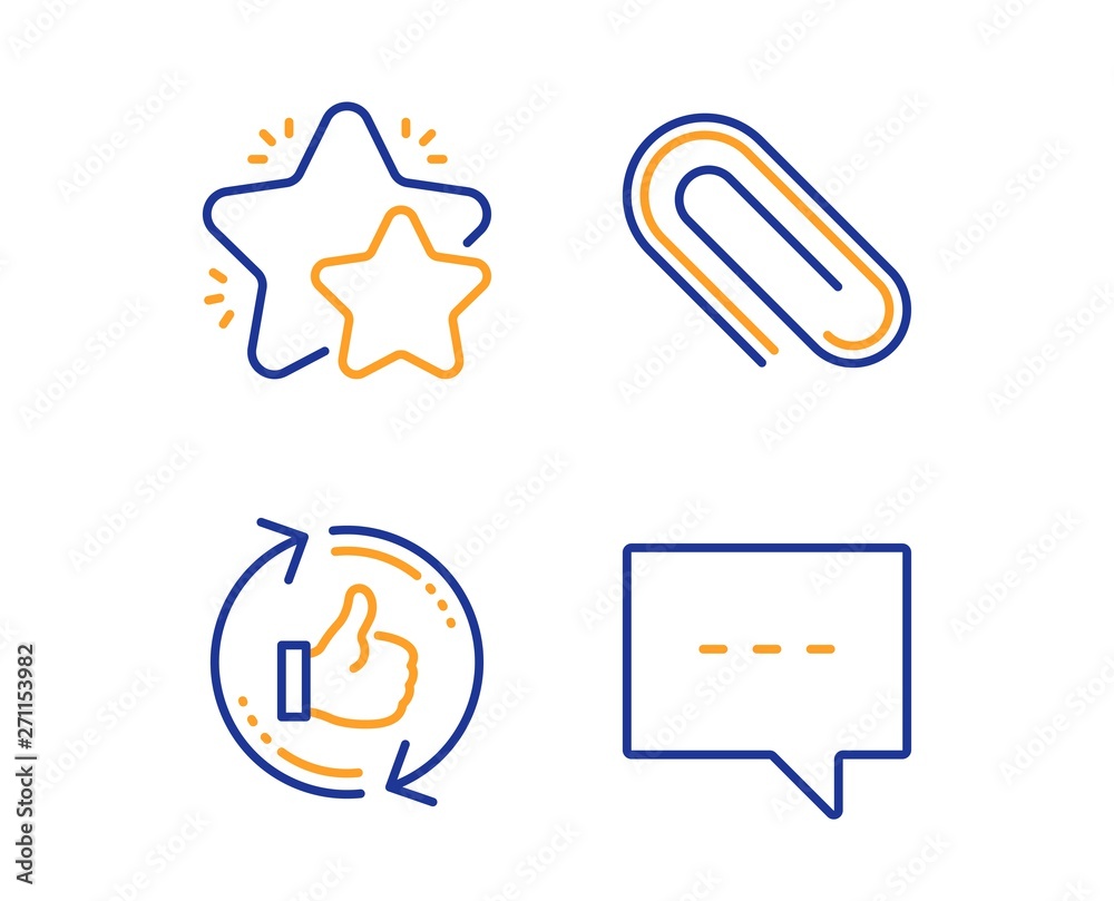 Star, Paper clip and Refresh like icons simple set. Blog sign. Customer feedback, Attach paperclip, Thumbs up counter. Chat message. Business set. Linear star icon. Colorful design set. Vector Star, Paper clip and Refresh like icons simple set. Blog sign. Customer feedback, Attach paperclip, Thumbs up counter. Chat message. Business set. Linear star icon. Colorful design set. Vector