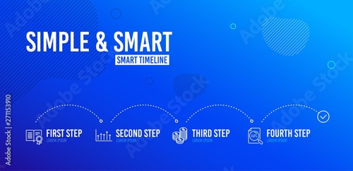 Infographic timeline. Diploma, Coins and Growth chart icons simple set. Search file sign. Document with badge, Cash money, Upper arrows. Find document. Business set. 4 steps layout. Vector