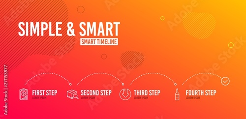 Infographic timeline. Download arrow, Search package and Report icons simple set. Wine sign. Crisis, Tracking service, Presentation chart. Merlot bottle. Business set. 4 steps layout. Vector