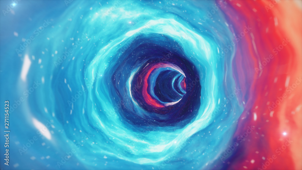 Travel through a wormhole through time and space filled with millions of stars and nebulae. Wormhole space deformation, science fiction. Black hole. Vortex hyperspace tunnel. 3D illustration - obrazy, fototapety, plakaty 