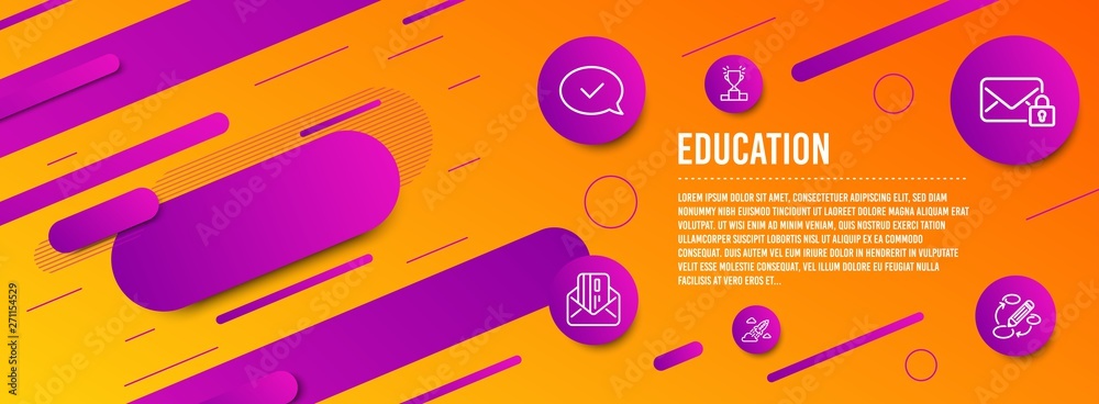 Header banner. Winner podium, Secure mail and Approved message icons simple set. Startup rocket, Credit card and Keywords signs. Competition results, Private e-mail. Education set. Vector Header banner. Winner podium, Secure mail and Approved message icons simple set. Startup rocket, Credit card and Keywords signs. Competition results, Private e-mail. Education set. Vector