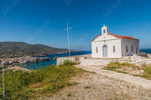 An old orthodox church in a hill next to chora of Andros, Cyclades, Greece