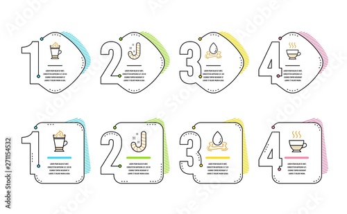 Water splash, Latte coffee and Candy icons simple set. Doppio sign. Aqua drop, Hot drink with whipped cream, Lollypop. Coffee drink. Food and drink set. Infographic timeline. Line water splash icon