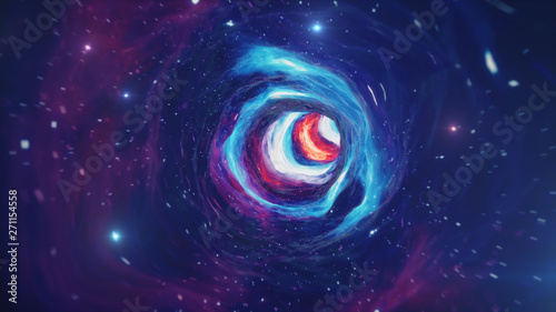 Fototapeta Naklejka Na Ścianę i Meble -  Travel through a wormhole through time and space filled with millions of stars and nebulae. Wormhole space deformation, science fiction. Black hole. Vortex hyperspace tunnel. 3D illustration
