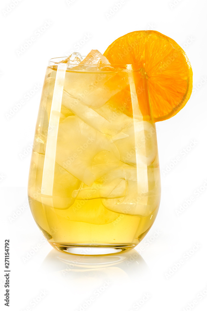 orange yellow drink with ice cubes and orange slice on white background, isolated - obrazy, fototapety, plakaty 