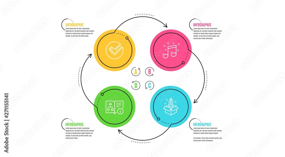 Verify, Technical algorithm and Musical note icons simple set. Infographic timeline. Startup sign. Selected choice, Project doc, Music. Innovation. Education set. Cycle infographic. Vector Verify, Technical algorithm and Musical note icons simple set. Infographic timeline. Startup sign. Selected choice, Project doc, Music. Innovation. Education set. Cycle infographic. Vector