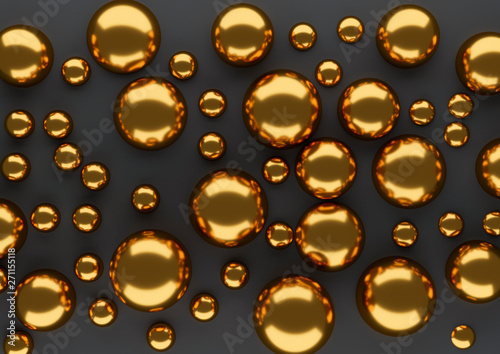 golden drops on black background. Abstract concept. 3d illustration