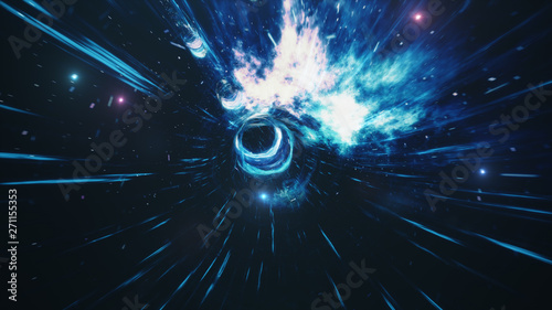 Travel through a wormhole through time and space filled with millions of stars and nebulae. Wormhole space deformation, science fiction. Black hole. Vortex hyperspace tunnel. 3D illustration photo