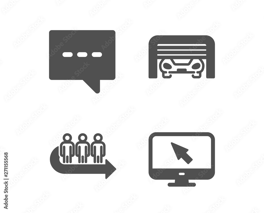 Obraz premium Set of Parking garage, Blog and Queue icons. Internet sign. Automatic door, Chat message, People waiting. Monitor with cursor. Classic design parking garage icon. Flat design. Vector