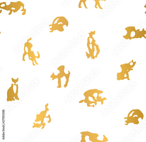 Simple cute cartoon golden cats in different positions. Seamless pattern with white background and gold foil effect. Background kittens for fashion, textile, wrapping paper and wallpaper