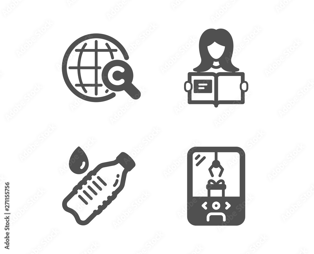 Set of International Сopyright, Woman read and Water bottle icons. Crane claw machine sign. World copywriting, Girl studying, Still drink. Attraction park. Vector Set of International Сopyright, Woman read and Water bottle icons. Crane claw machine sign. World copywriting, Girl studying, Still drink. Attraction park. Vector