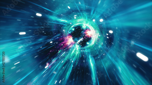 Fototapeta Naklejka Na Ścianę i Meble -  Travel through a wormhole through time and space filled with millions of stars and nebulae. Wormhole space deformation, science fiction. Black hole. Vortex hyperspace tunnel. 3D illustration
