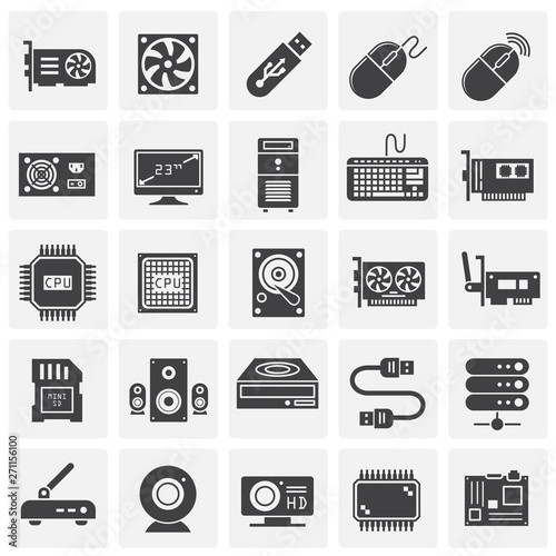 Computer hardware icons set on background for graphic and web design. Simple illustration. Internet concept symbol for website button or mobile app.