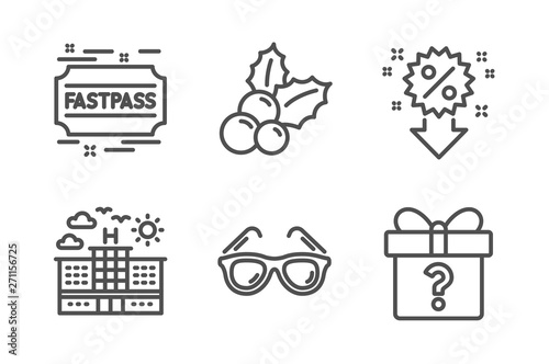 Christmas holly, Hotel and Sunglasses icons simple set. Fastpass, Discount and Secret gift signs. Ilex aquifolium, Travel. Holidays set. Line christmas holly icon. Editable stroke. Vector