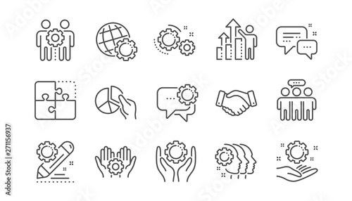 Employees benefits line icons. Business strategy, handshake and people collaboration. Teamwork, social responsibility, people relationship icons. Linear set. Vector