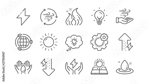 Energy line icons. Solar panels, wind energy and electric thunder bolt. Fire flame, hazard, green ecology icons. Linear set. Vector