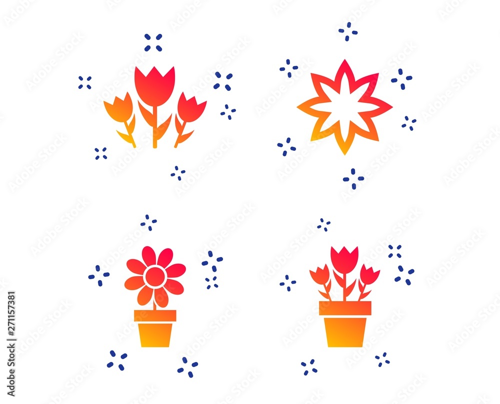 Flowers icons. Bouquet of roses symbol. Flower with petals and leaves in a pot. Random dynamic shapes. Gradient flower icon. Vector