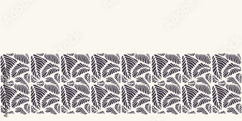 Seamless vector border pattern. Modern stylish geometric hand drawn leaf lines. Repeating abstract tileable edging background. Abstract ornamental tropical. Trendy surface design textile ribbon trim.