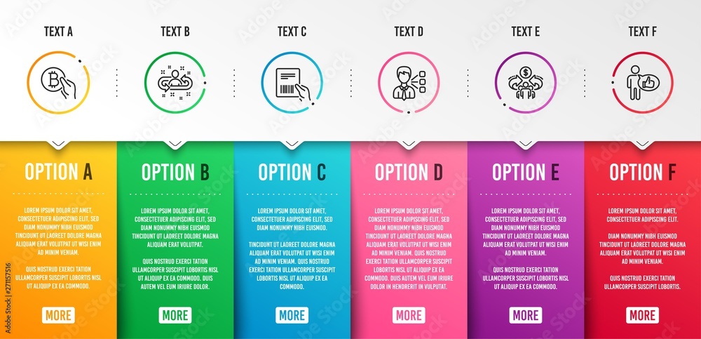Naklejka premium Third party, Recruitment and Sharing economy icons simple set. Bitcoin pay, Parcel invoice and Like signs. Team leader, Manager change. People set. Infographic template. 6 steps timeline. Vector