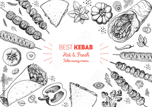 Doner kebab and ingredients for kebab, sketch illustration. Arabic cuisine frame. Fast food menu design elements. Shawarma hand drawn frame. Middle eastern food.